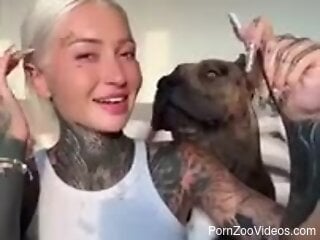 Blonde Russian beauty and her dog share live moments together