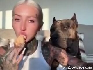 Blonde Russian beauty and her dog share live moments together